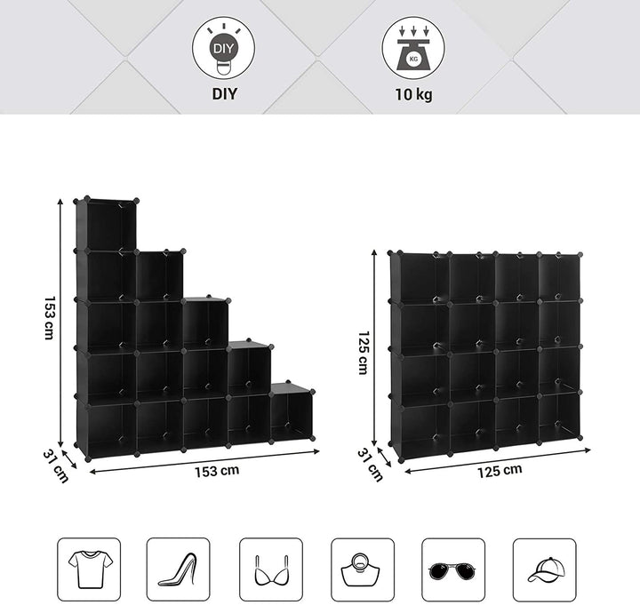 15 kockás tárolóegység, műanyag cipőtartó, fekete-VASBÚTOR