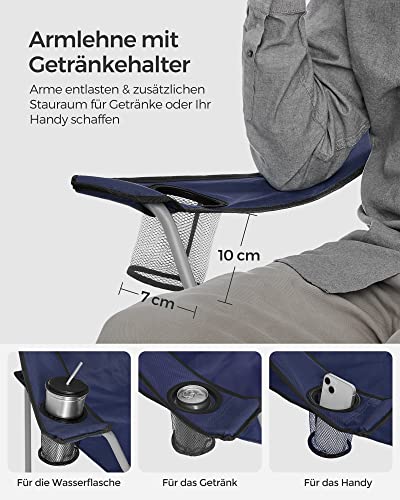 2 db összecsukható kempingszék, karfával és pohártartóval, stabil szerkezet, max. Teherbírás 120 kg, sötétkék-VASBÚTOR