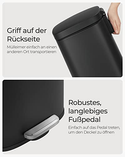 30 literes pedálos szemetes, acél, belső vödörrel, halk záródású fedéllel, fekete-VASBÚTOR