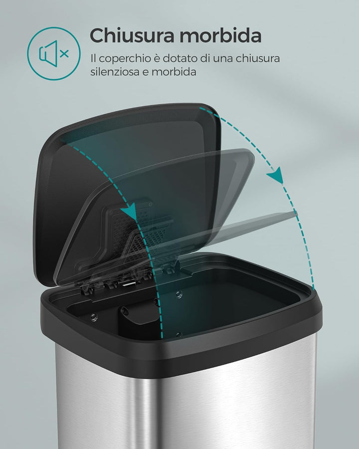 50 literes konyhai szemetes, fém pedálos kuka fedéllel, keskeny és tágas, ezüst-VASBÚTOR