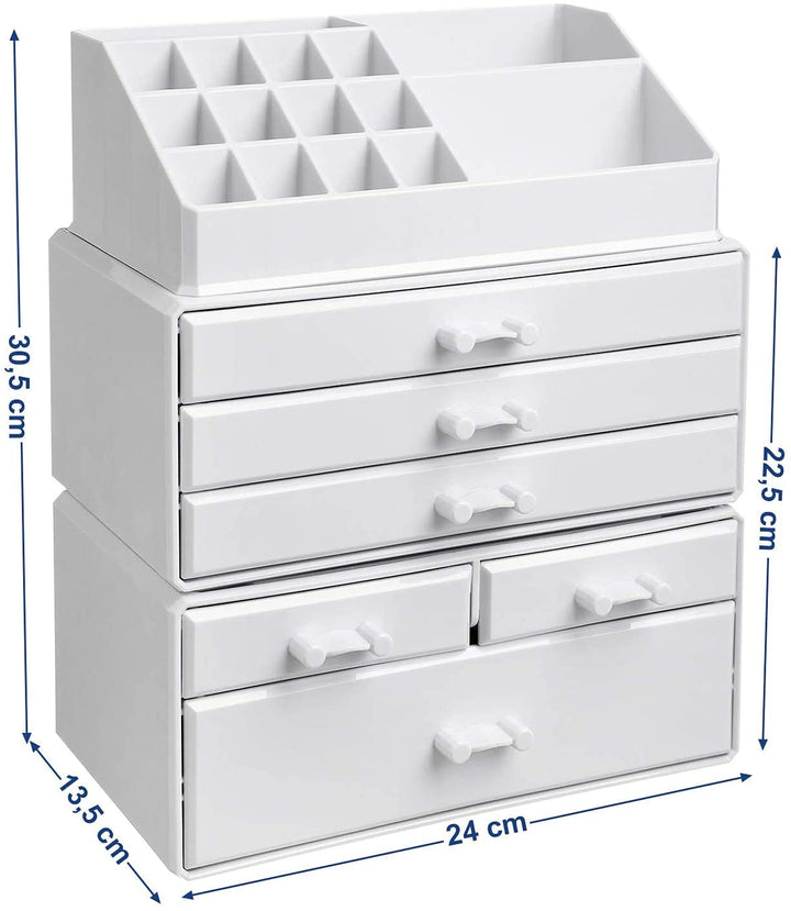 Akril sminkrendező, 6 fiókos sminkrendező 24 x 30 x 13,5 cm, fehér-VASBÚTOR