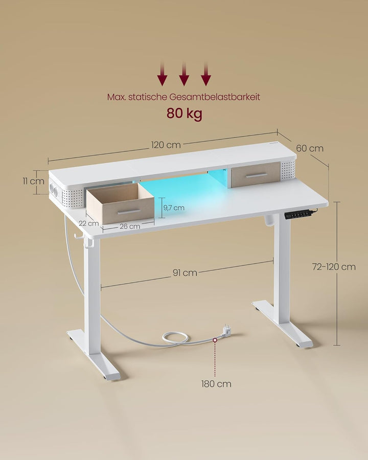 Állítható magasságú elektromos íróasztal LED világítással, 60 x 120 x (72-120) cm, fehér-VASBÚTOR