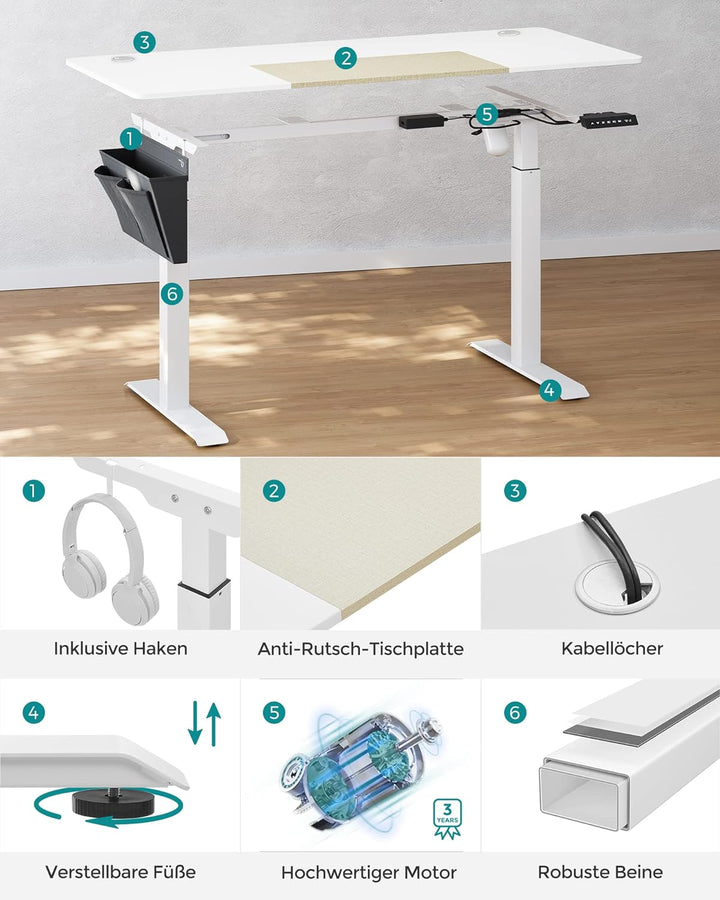 Állítható magasságú elektromos íróasztal, memória funkcióval, fehér-VASBÚTOR