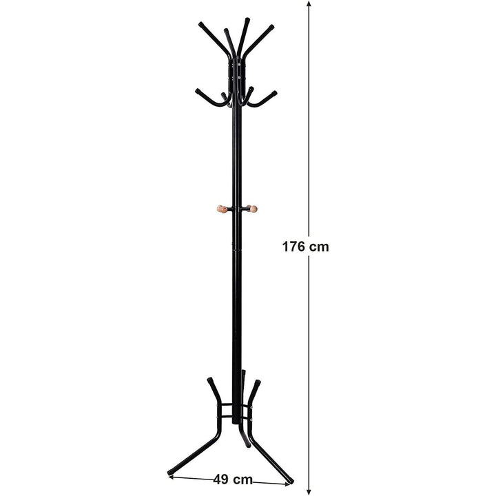Álló fogas 12 kampóval, Stílusos fém kabáttartó állvány 176 cm, fekete-VASBÚTOR