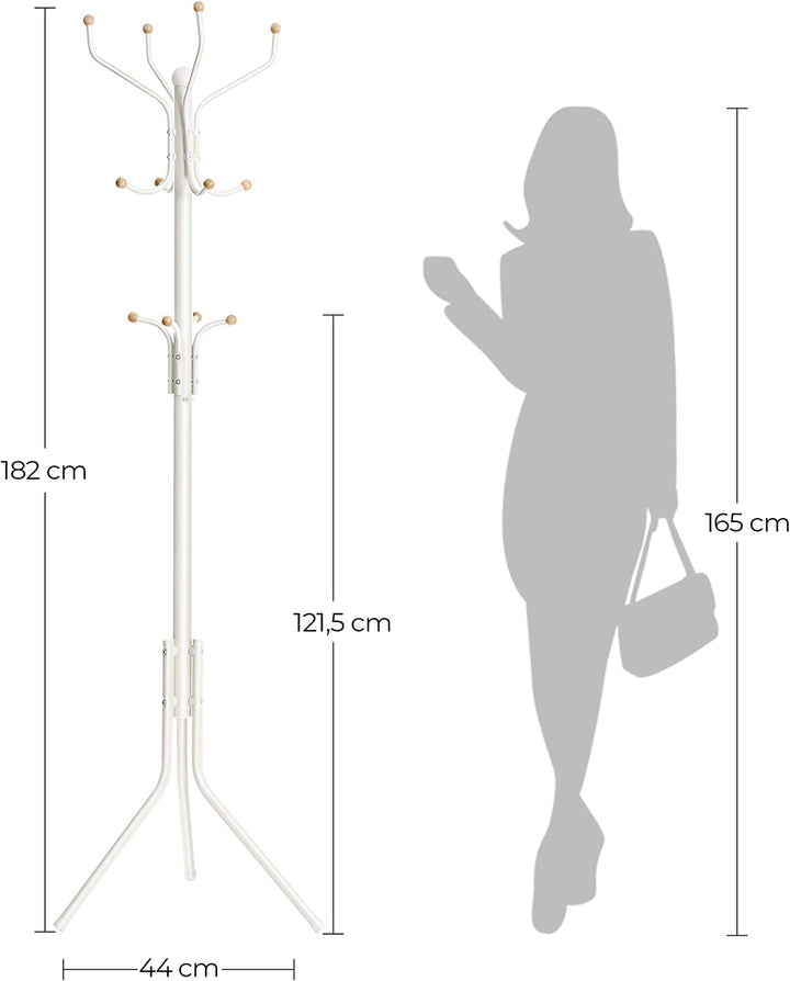 Álló fogas 12 kampóval, stabil fém kabáttartó,182 cm magas, fehér-VASBÚTOR