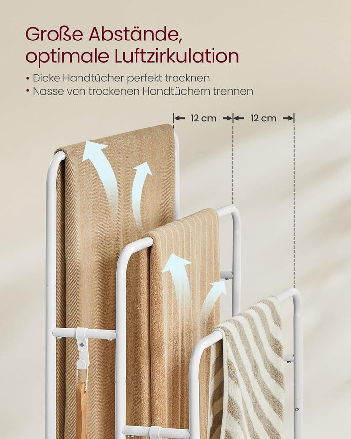 Álló törülközőtartó 3 sínnel 70 x 100 x 30 cm ruhatartó, 2 kampós polc, fehér-VASBÚTOR