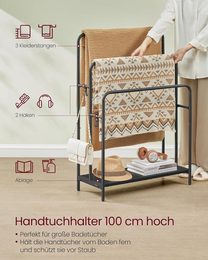 Álló törülközőtartó 3 sínnel 70 x 100 x 30 cm ruhatartó, 2 kampós polc, fekete-VASBÚTOR