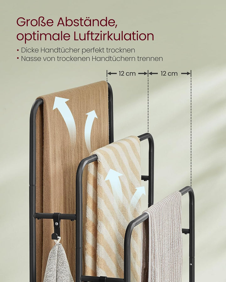Álló törülközőtartó 3 sínnel 70 x 100 x 30 cm ruhatartó, 2 kampós polc, fekete-VASBÚTOR