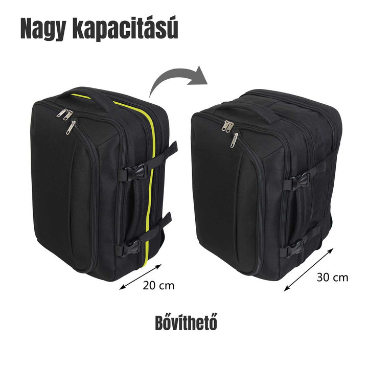 BONTOUR FlexiGo Bővíthető Utazó Hátizsák, WizzAir méretű 40x30x20cm kézipoggyász, Fekete Színben-VASBÚTOR