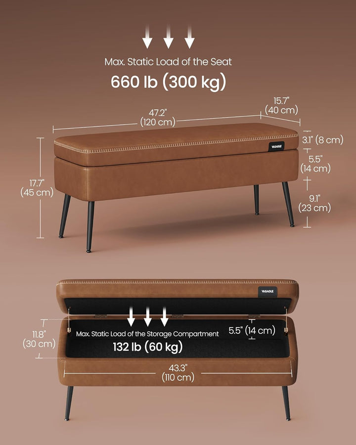 EKHO Tárolópad, ülőpad, szintetikus bőr varrással 40x120x45 cm, karamellbarna-VASBÚTOR