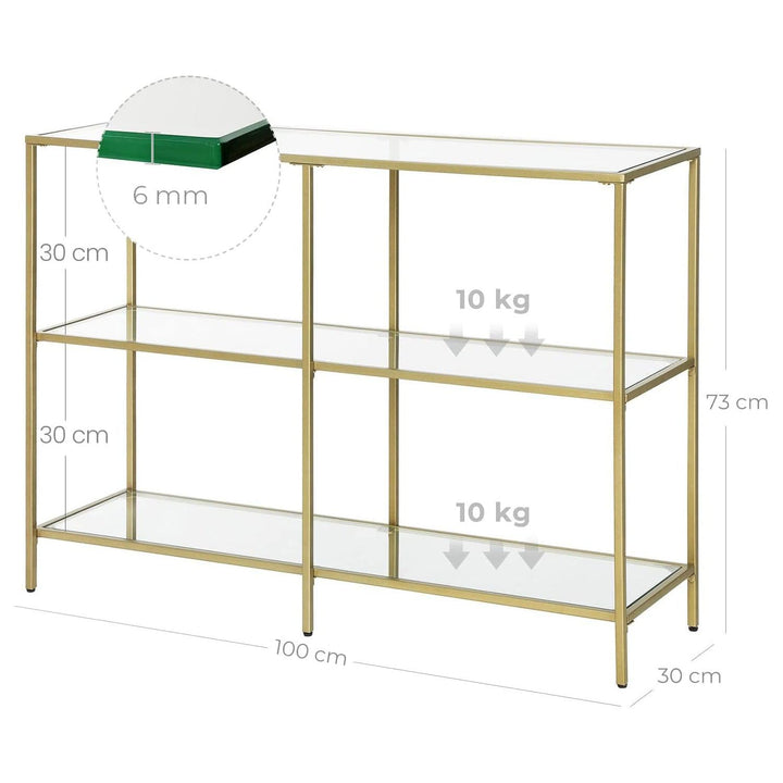 Edzett üveg konzolasztal 100 x 30 x 73 cm, lerakóasztal 3 polccal, arany-VASBÚTOR