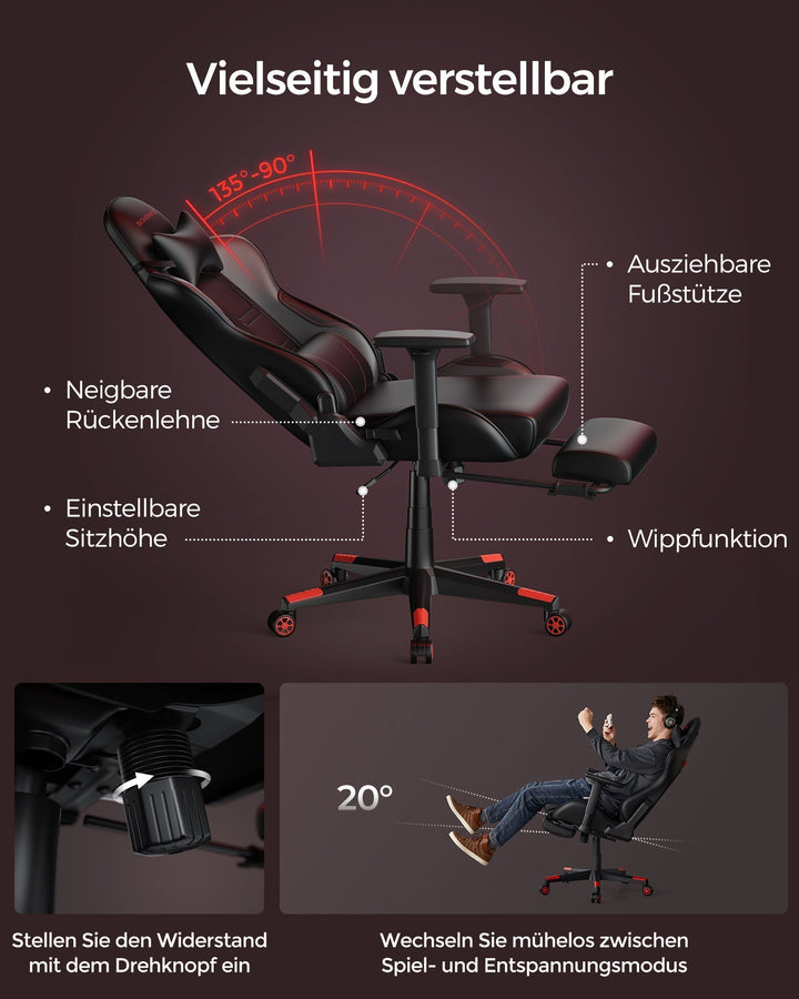 Ergonomikus irodai szék, magas háttámlával, lábtámasz, deréktámasz fekete/piros-VASBÚTOR