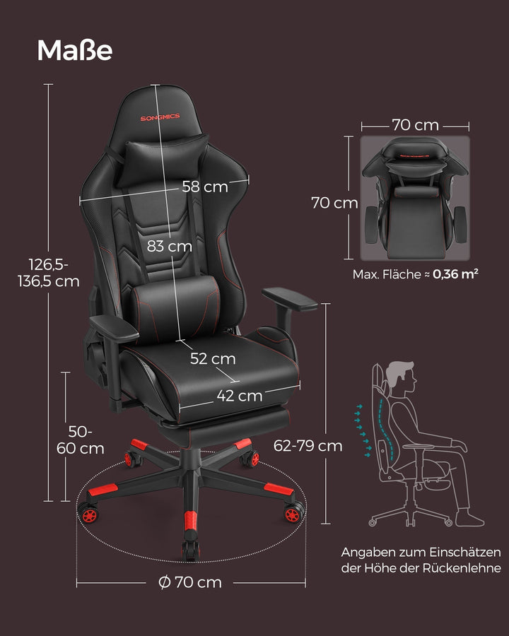 Ergonomikus irodai szék, magas háttámlával, lábtámasz, deréktámasz fekete/piros-VASBÚTOR