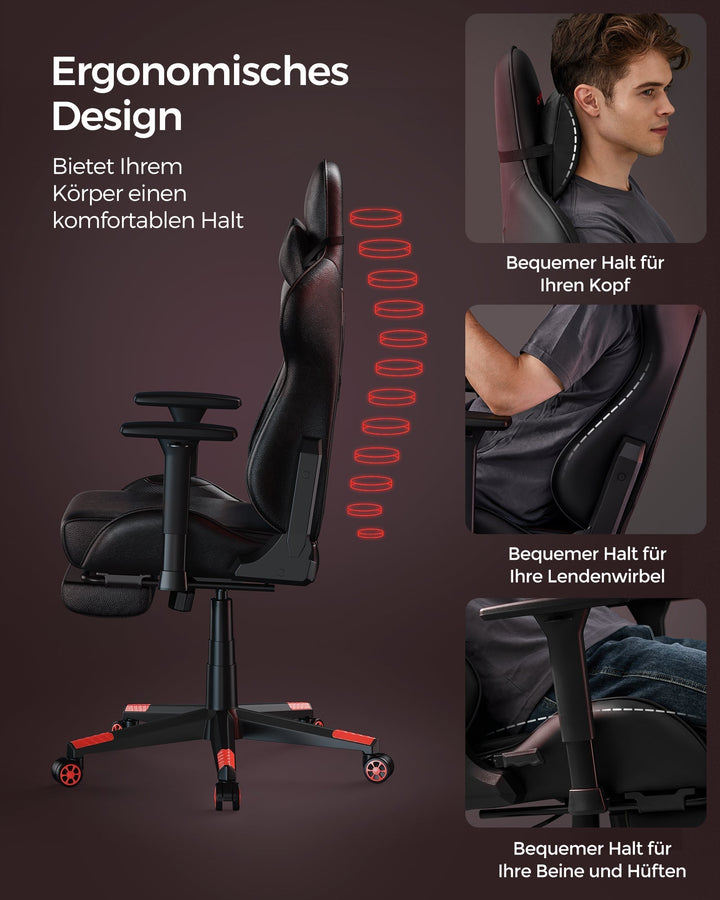 Ergonomikus irodai szék, magas háttámlával, lábtámasz, deréktámasz fekete/piros-VASBÚTOR