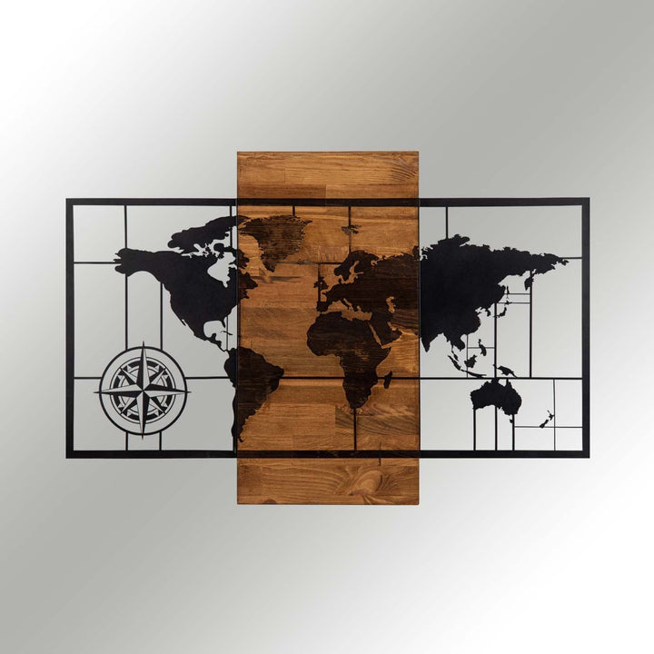 Fa fali dekoráció, World Map Wıth Compass-VASBÚTOR