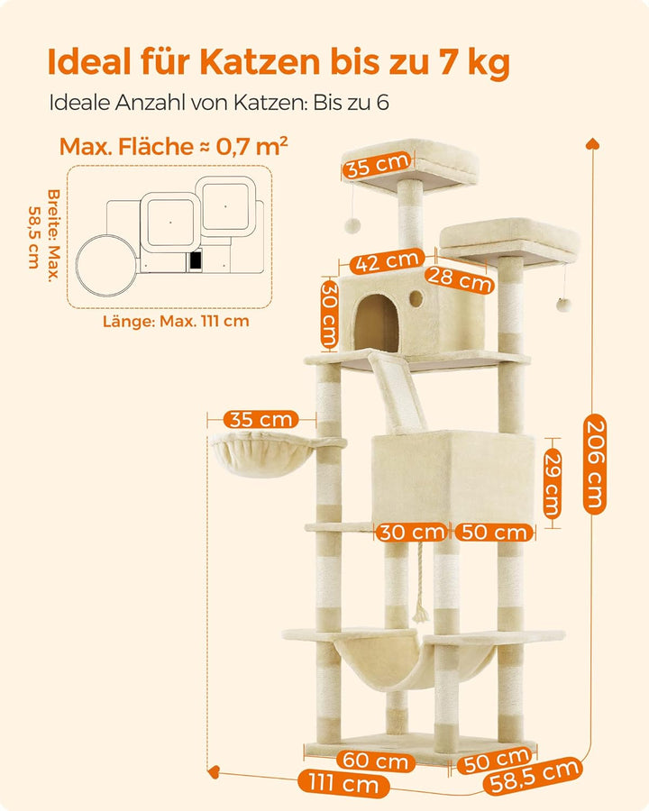 Feandrea nagyméretű kaparófa, 206 cm magas, XXL macskafa, bézs színben-VASBÚTOR