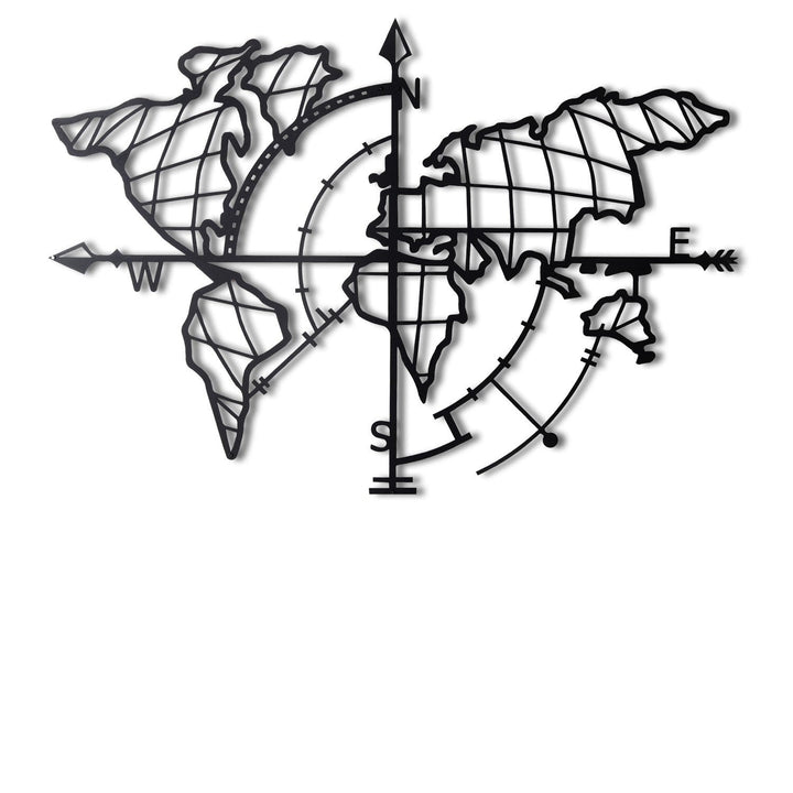 Fém fali dekoráció, World Map Compass Led - Fekete-VASBÚTOR