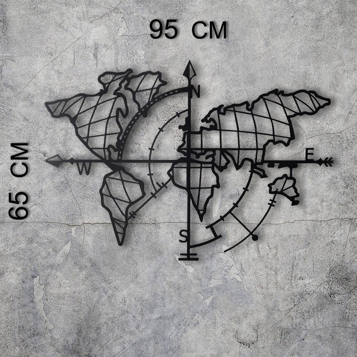 Fém fali dekoráció, World Map Compass Led - Fekete-VASBÚTOR