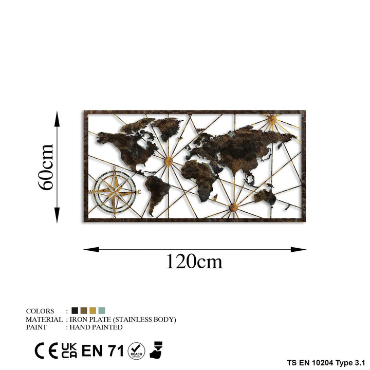 Fém fali dekoráció, World Map Large - 1-VASBÚTOR