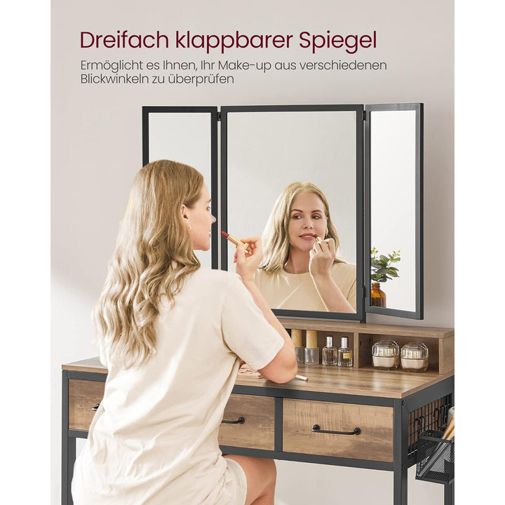 Fésülködő asztal párnázott székkel, fésülködő asztal tükörrel, tölgy barna/fekete-VASBÚTOR