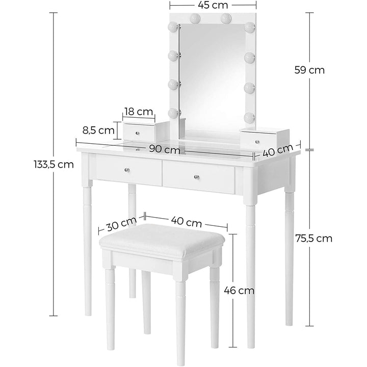 Fésülködőasztal szett, Öltözőasztal párnázott székkel és 10 állítható fényerősségű lámpával, 90 x 133,5 x 40 cm, fehér-VASBÚTOR