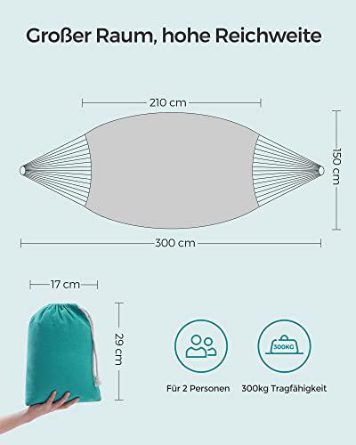Függőágy, 210 x 150 cm, dupla függőágy, 300 kg terhelhetőség, rögzítő hevederekkel és karabinerekkel, türkizkék-VASBÚTOR
