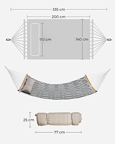 Függőágy, steppelt szövet függőágy levehető ívelt bambusz terítőkkel, párna, 200 x 140 cm, szürke és bézs színű rombusz-VASBÚTOR