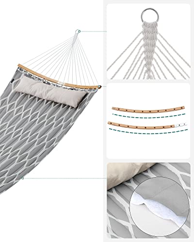Függőágy, steppelt szövet függőágy levehető ívelt bambusz terítőkkel, párna, 200 x 140 cm, szürke és bézs színű rombusz-VASBÚTOR
