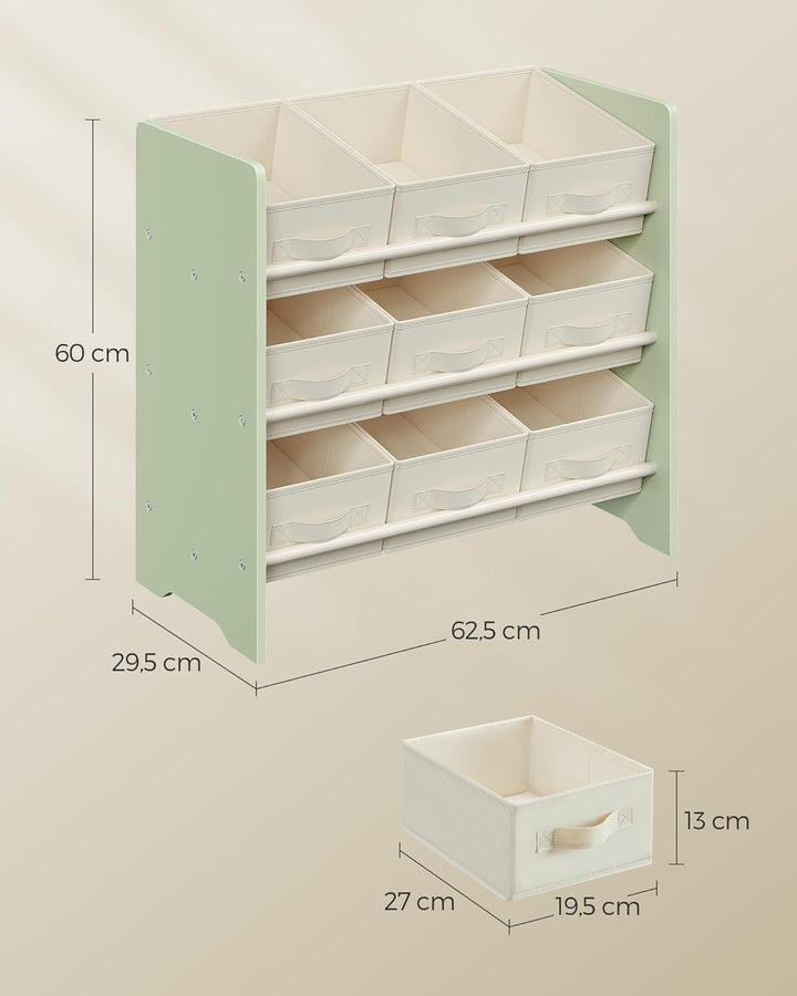 Gyerek játéktároló polc, 9 szövet tárolódobozzal, 29,5 x 62,5 x 60 cm, babér zöld-VASBÚTOR