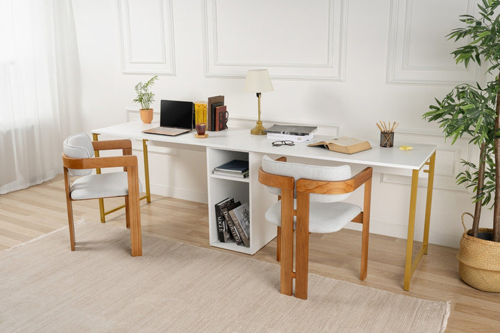 Íróasztal Twin Study Desk - Fehér, Arany-VASBÚTOR