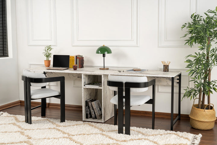 Íróasztal Twin Study Desk - Freesia Marble, Fekete-VASBÚTOR