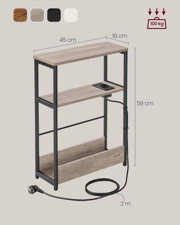 Keskeny oldal asztal töltő funkcióval 3 polcos, 18 x 45 x 58 cm Greige szürke fekete lábakkal-VASBÚTOR