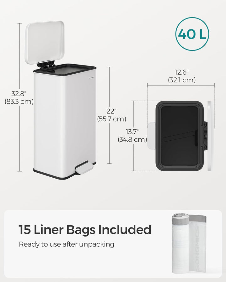 Konyhai Szemetes 40L, Nagy pedálos kuka 15 szemeteszsák mellékelve, Fehér-VASBÚTOR