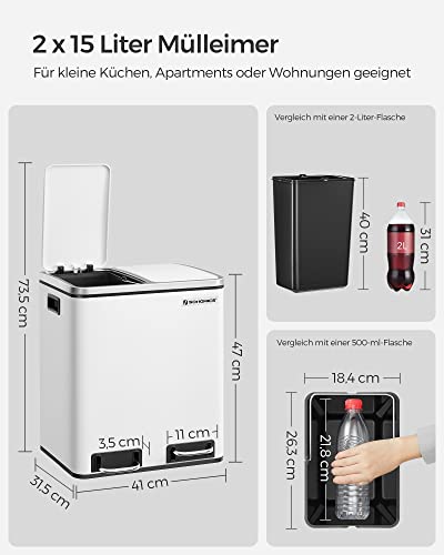 Konyhai szemetes, 2 x 15 literes acél szemetes, lépcsős szemetes belső vödrökkel és fogantyúkkal, puha záródással, szagszigeteléssel, fehér-VASBÚTOR