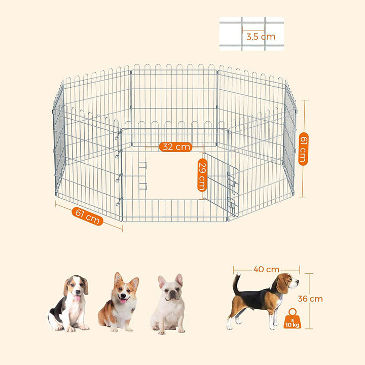 Kutya kennel, kutyaketrec, 61 cm magas, összecsukható kifutó 8 paneles, ezüst | VASHOME-VASBÚTOR