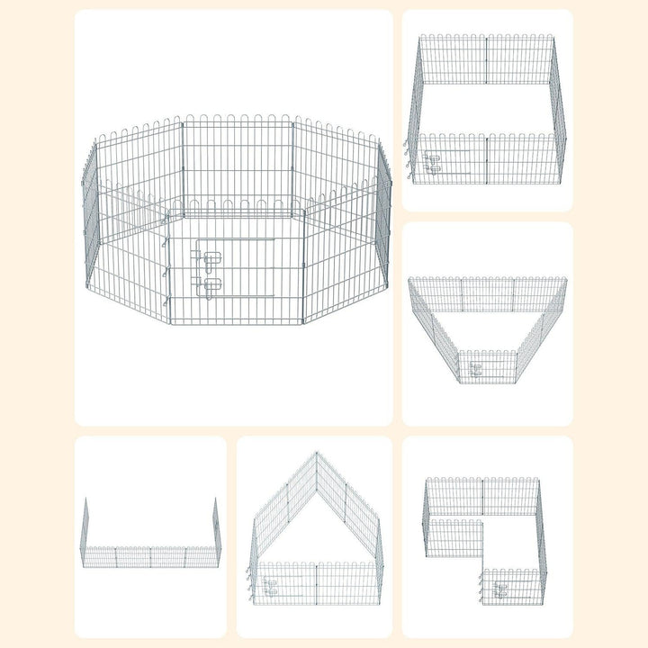Kutya kennel, kutyaketrec, 61 cm magas, összecsukható kifutó 8 paneles, ezüst | VASHOME-VASBÚTOR