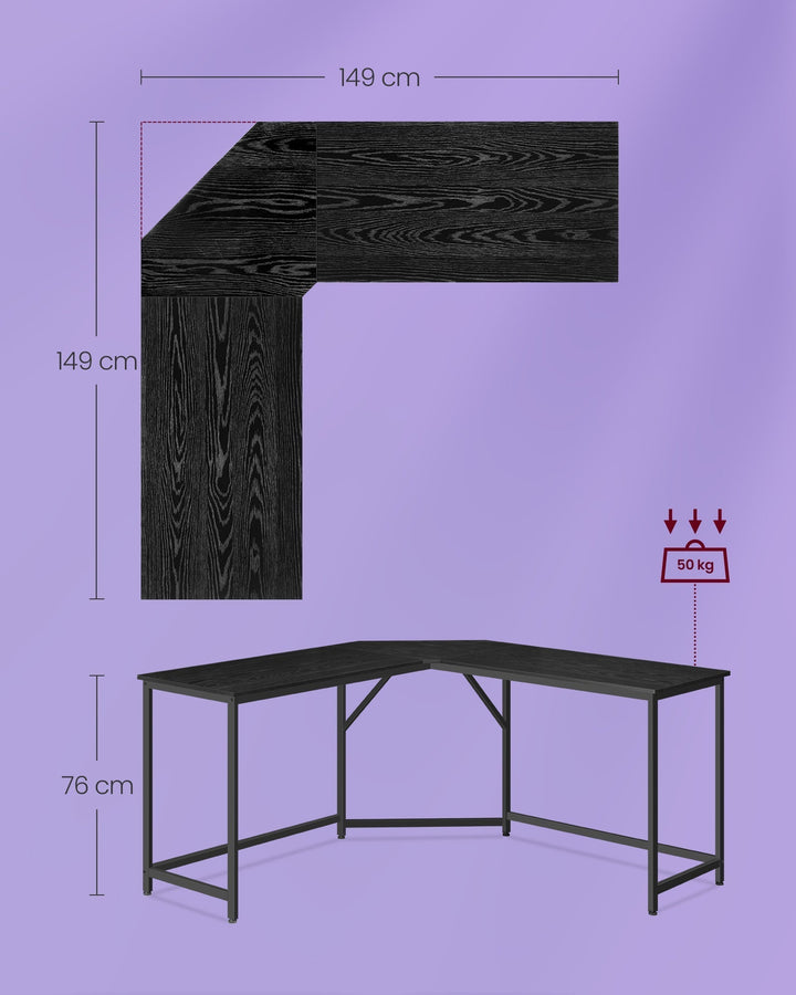 L-alakú íróasztal, 149 x 149 cm, sarokasztal, fekete-VASBÚTOR