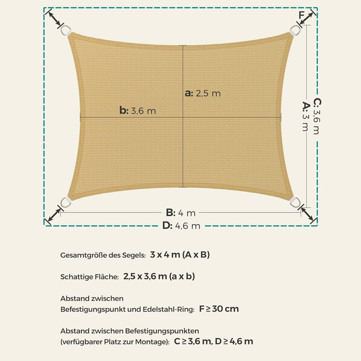 Légáteresztő napvitorla, 3 x 4 m, homok sárga-VASBÚTOR
