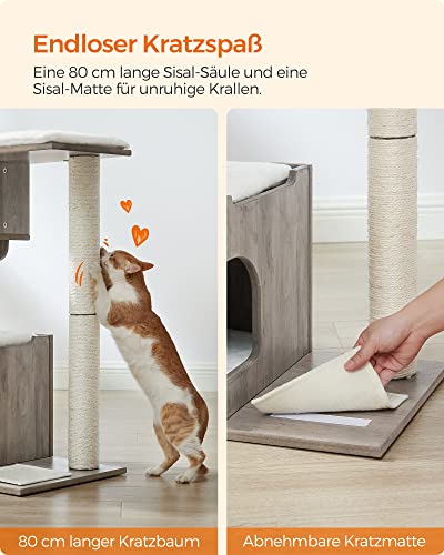 Modern 86 cm-es macskakaparó oszlop macskabarlanggal, szürke és fehér-VASBÚTOR