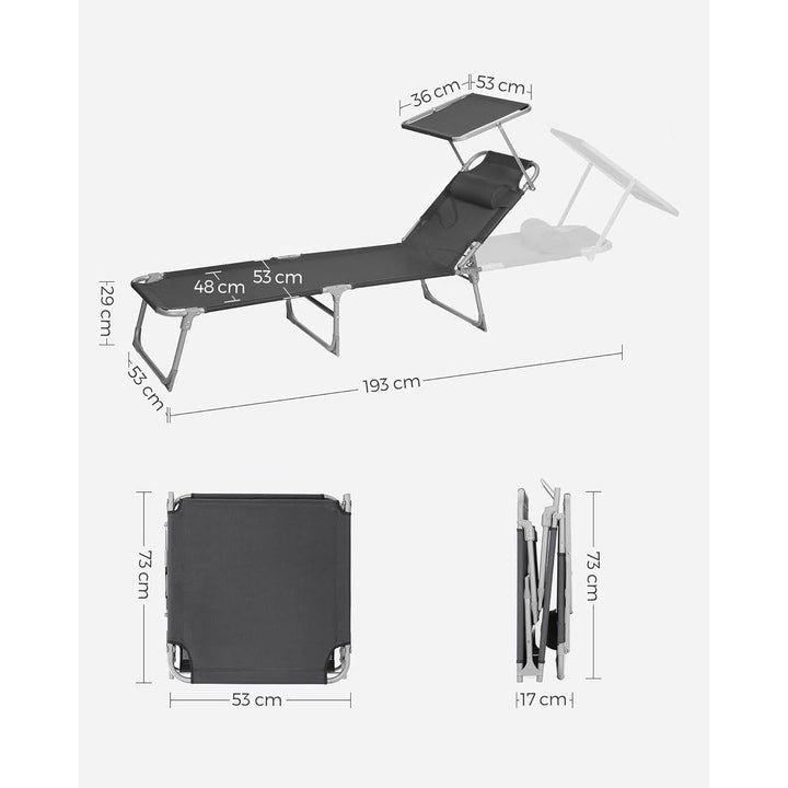 Összecsukható napozóágy napellenzővel 53 x 193 x 29,5 cm, 150 kg-ig terhelhető-VASBÚTOR
