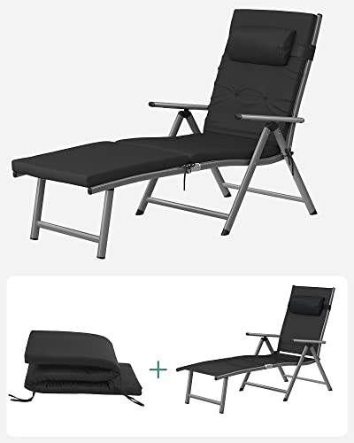 Összecsukható napozóágy, napozóágy 6 cm-es matraccal, levehető fejtámlával, rozsdamentes alumínium, légáteresztő, max. Terhelhetőség 150 kg, Fekete-VASBÚTOR