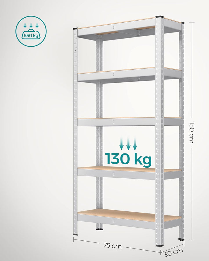 Ötszintes polcrendszer, acél polcrendszer tároláshoz, csavarmentes összeszerelés, teherbírás 650 kg, 30 x 75 x 150 cm, ezüst-VASBÚTOR