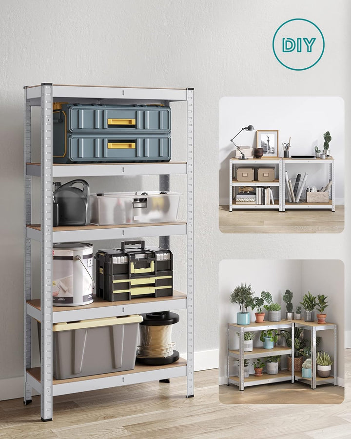 Ötszintes polcrendszer, acél polcrendszer tároláshoz, csavarmentes összeszerelés, teherbírás 650 kg, 30 x 75 x 150 cm, ezüst-VASBÚTOR