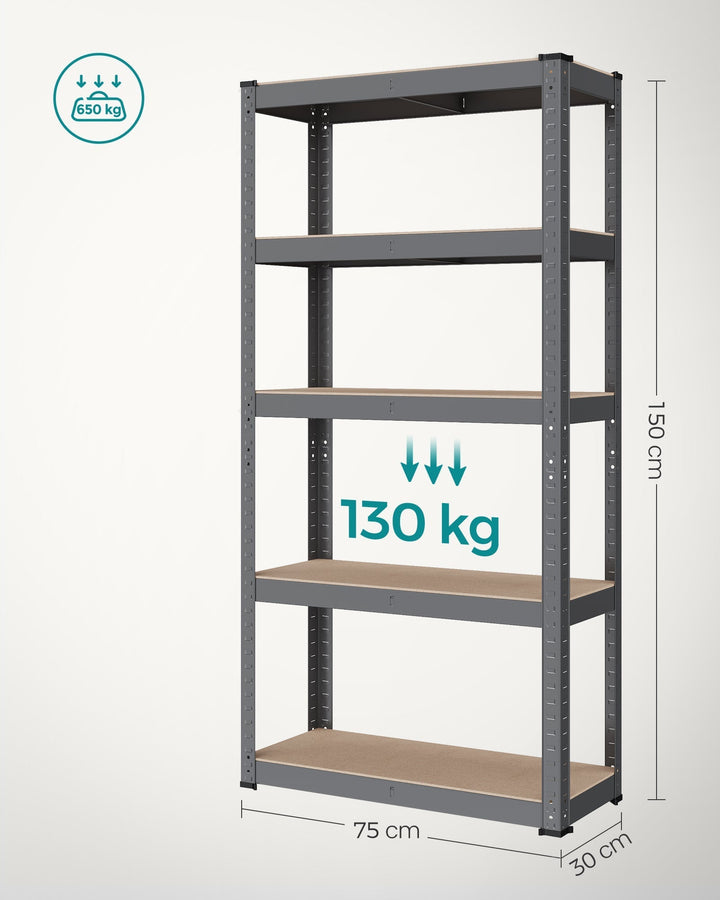 Ötszintes polcrendszer, acél polcrendszer tárolásra, csavarmentes összeszerelés, teherbírás 650 kg, 30 x 75 x 150 cm, szürke-VASBÚTOR