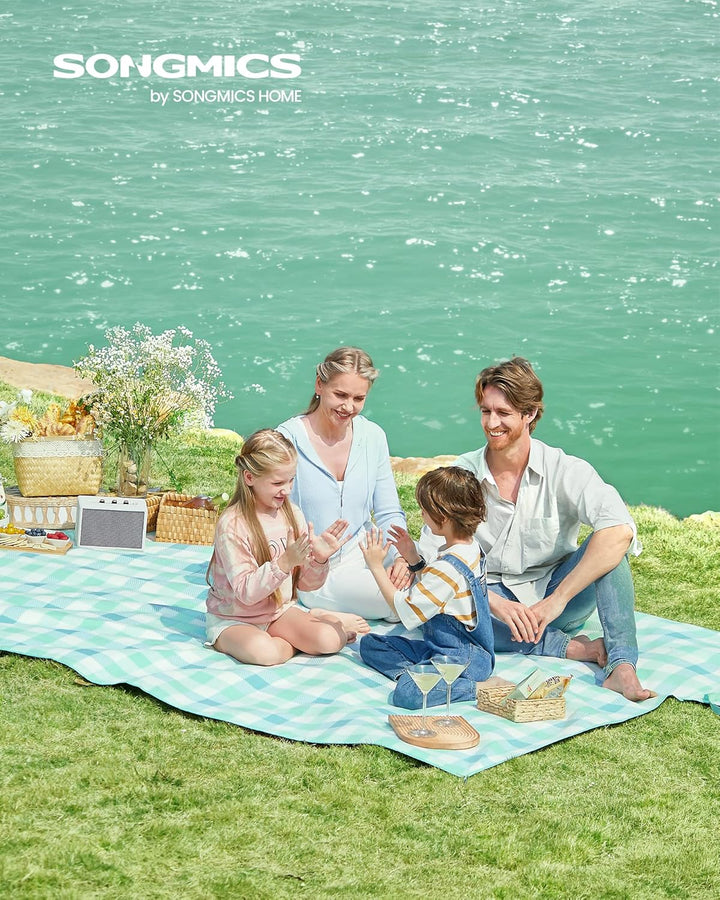 Pikniktakaró, strand szőnyeg 200 x 200 cm, vízálló hátlap, összecsukható és hordozható, zöld-fehér-VASBÚTOR