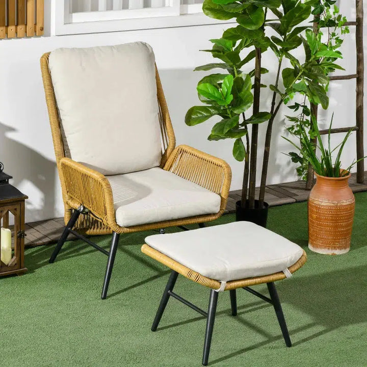 Polyrattan kerti szék és labtartó, állítható háttámla, világosbarna/szürke/fekete-VASBÚTOR