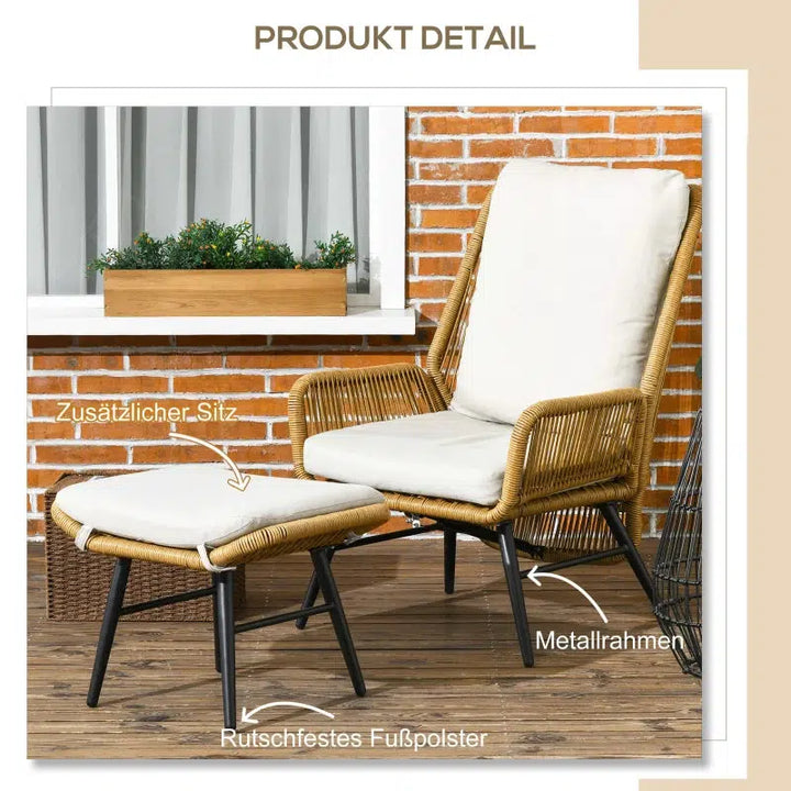 Polyrattan kerti szék és labtartó, állítható háttámla, világosbarna/szürke/fekete-VASBÚTOR