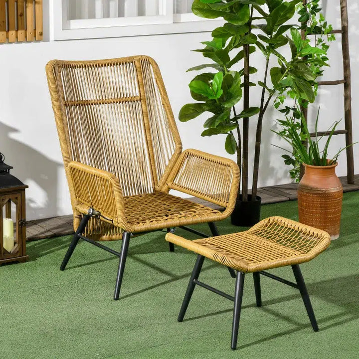 Polyrattan kerti szék és labtartó, állítható háttámla, világosbarna/szürke/fekete-VASBÚTOR