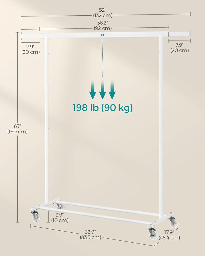 Ruhaáállvány, gurulós, ruháknak max teherbírás 90kg, fehér, 92-132 cm között állítható-VASBÚTOR