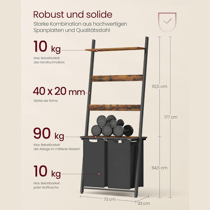 Szennyeskosár, 2 részes szennyestartó létrapolccal, 2 x 46 literes, rusztikus barna-VASBÚTOR